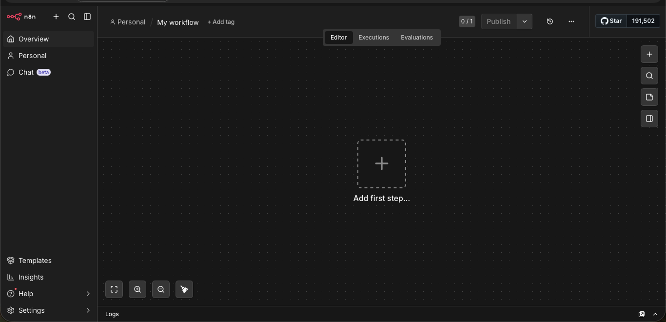 n8n editor — blank canvas