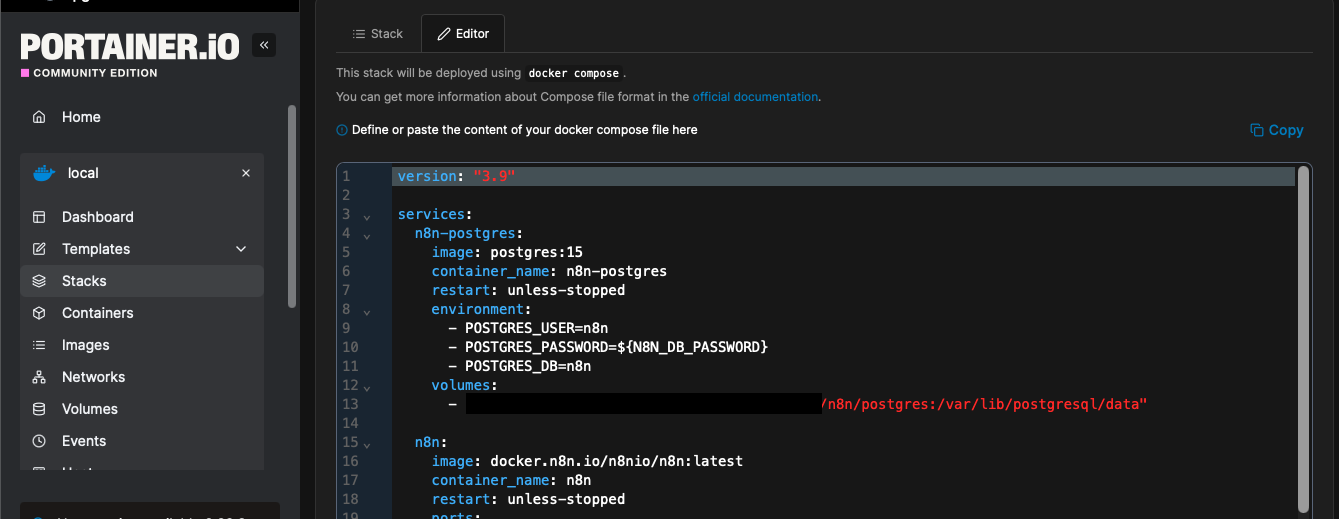 Portainer Add Stack — web editor